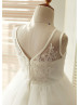 Ivory Lace Tulle V Neck Knee Length Flower Girl Dress